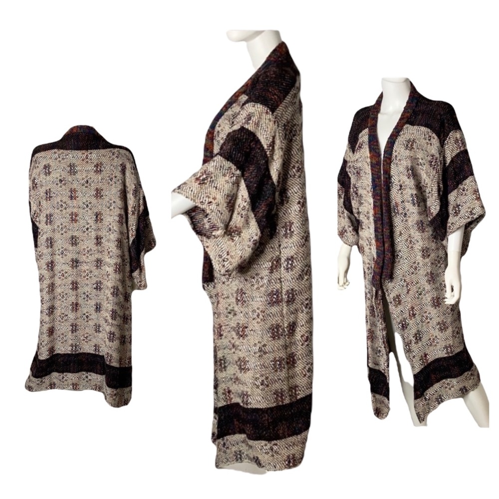Vintage 1980s Laise Adzer Ikat Knit Heavy 3/4 Sleeves Kimono Duster Jacket OS - Picture 2 of 4